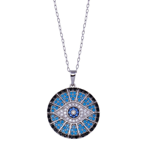 Rhodium Plated 925 Sterling Silver Round Evil Eye CZ Necklace