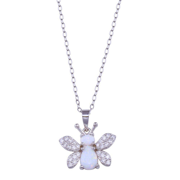 Rhodium Plated 925 Sterling Silver Butterfly Synthetic Opal CZ Necklace