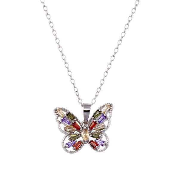 Rhodium Plated 925 Sterling Silver Multicolor Baguette Butterfly Necklace