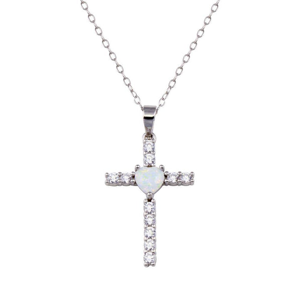Rhodium Plated 925 Sterling Silver Cross Heart Opal Clear CZ Necklace
