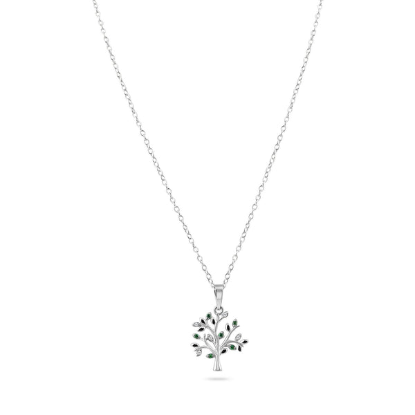 Rhodium Plated 925 Sterling Silver Green and Clear Tree Pendant Necklace