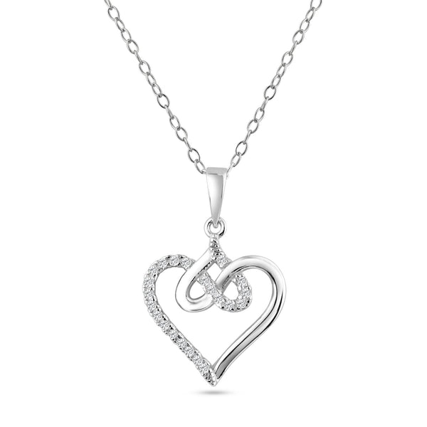 Rhodium Plated 925 Sterling Silver Entagled Hearts CZ Pendant Necklace