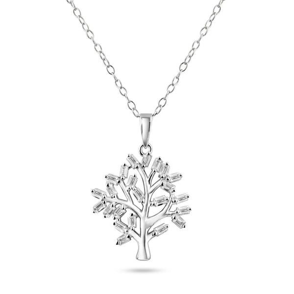 Rhodium Plated 925 Sterling Silver Tree of Life Clear CZ Baguette Pendant Necklace