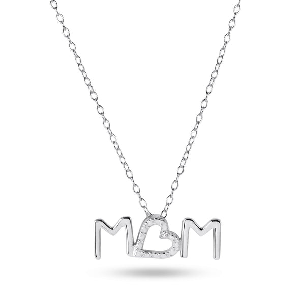 Rhodium Plated 925 Sterling Silver Mom Heart Clear CZ Necklace