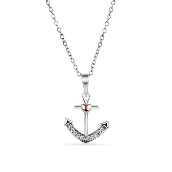 Rhodium Plated and Rose Gold Plated 925 Sterling Silver Anchor and Heart Clear CZ Necklace