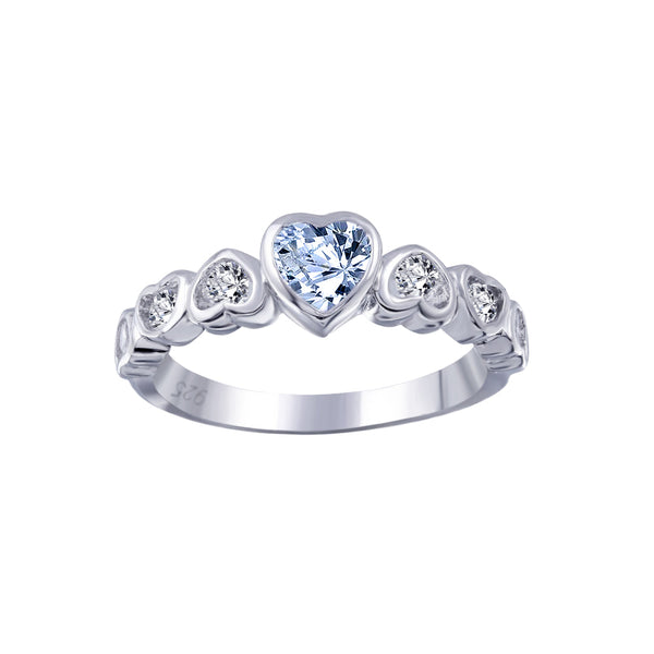 Silver 925 Rhodium Plated Teal Center CZ Heart Ring