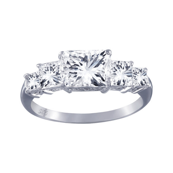 Rhodium Plated 925 Sterling Silver Clear 5 Stone Set CZ Bridal Ring
