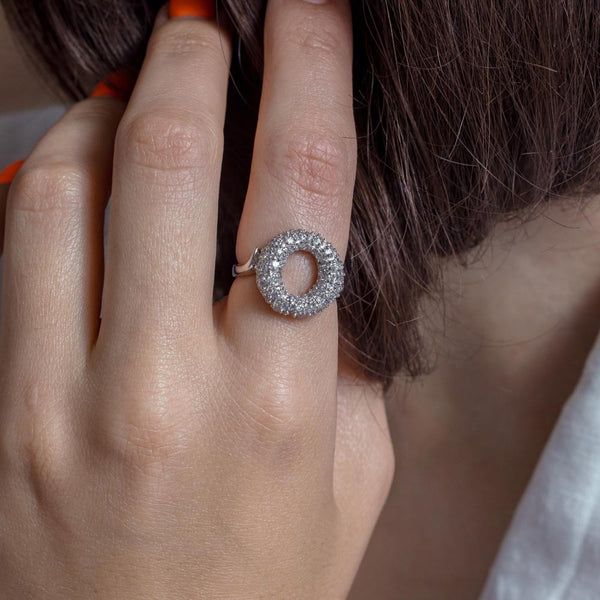 925 Sterling Silver Rhodium and CZ Open Circle Ring