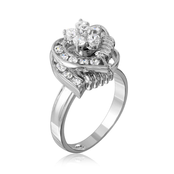 Clearance - Rhodium Plated 925 Sterling Silver Clear Flower 2 Row Hearts Fidgetting Clear CZ Ring