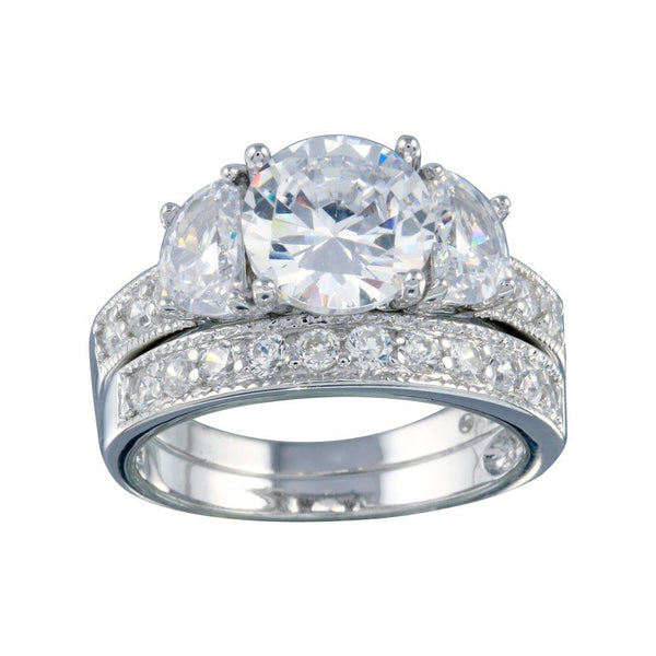 Rhodium Plated 925 Sterling Silver Clear Round Center CZ Bridal Ring Set