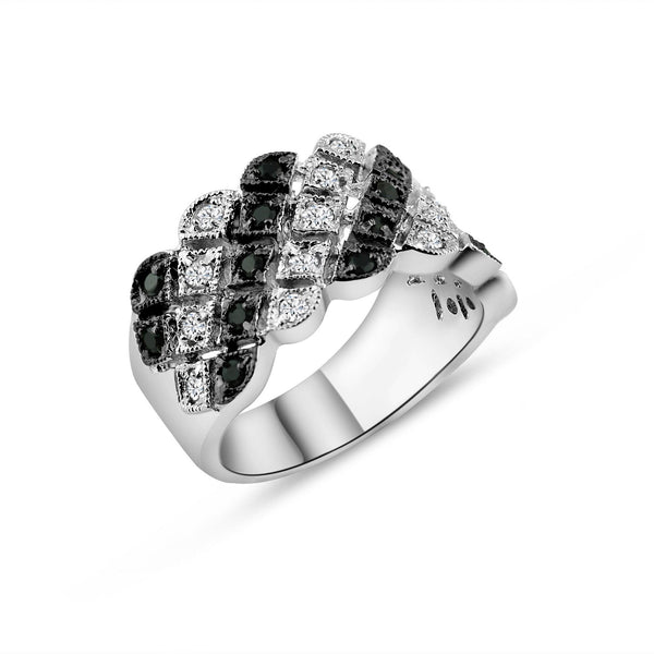 Silver 925 Rhodium Plated Diamond Shaped Black and Clear CZ Ornate Ring