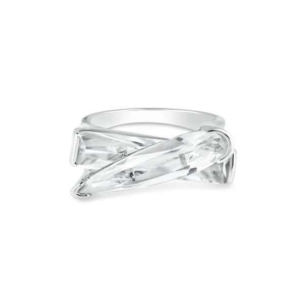 Silver 925 Rhodium Plated Clear CZ Criss Cross Ring