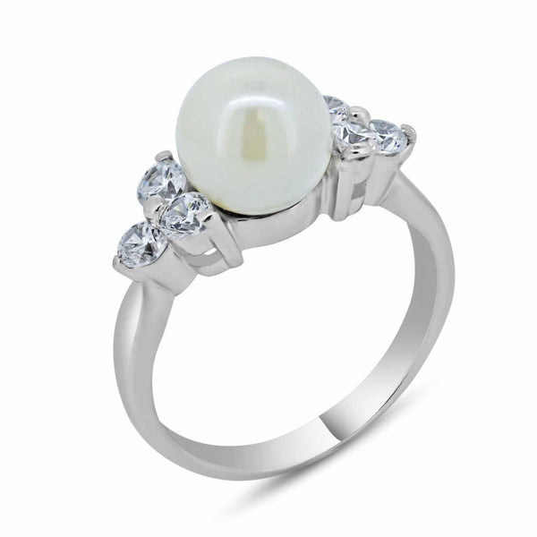 925 Sterling Silver Rhodium Plated Synthetic Pearl Center Clear CZ Ring