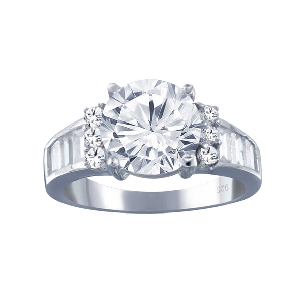 Rhodium Plated 925 Sterling Silver Clear Baguette Round Center Center CZ Bridal Ring