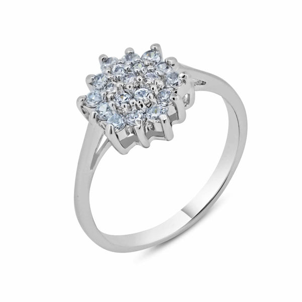 Silver 925 Rhodium Plated Clear Cluster CZ Flower Ring