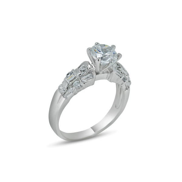 Rhodium Plated 925 Sterling Silver Clear Baguette Round CZ Bridal Ring