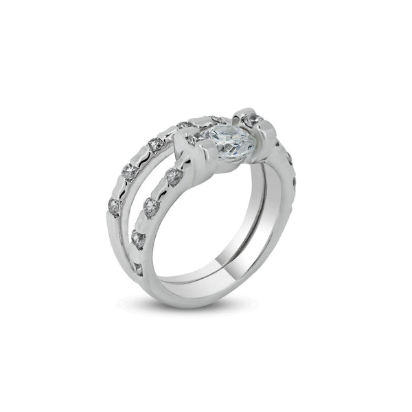 Rhodium Plated 925 Sterling Silver Clear Center CZ Bridal Ring Set