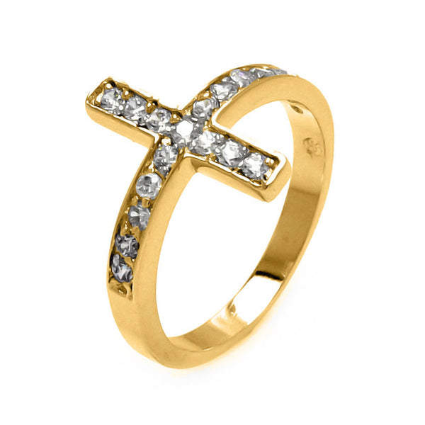 Gold Plated 925 Sterling Silver Clear Pave Set CZ Cross Ring