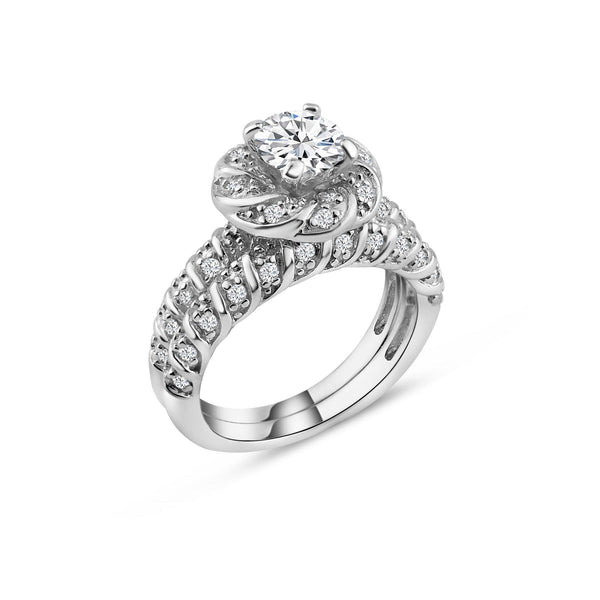Silver 925 Rhodium Plated Micro Pave Set Clear Square Center CZ Flower Engagement Ring Set
