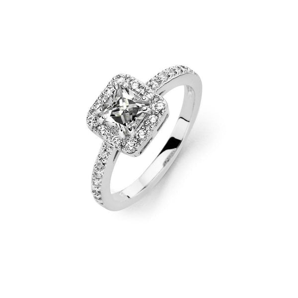Silver 925 Rhodium Plated Clear Micro Pave Set and Square Center CZ Bridal Ring