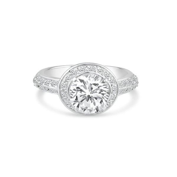 Silver 925 Rhodium Plated Clear Micro Pave Set and Round Center CZ Bridal Ring
