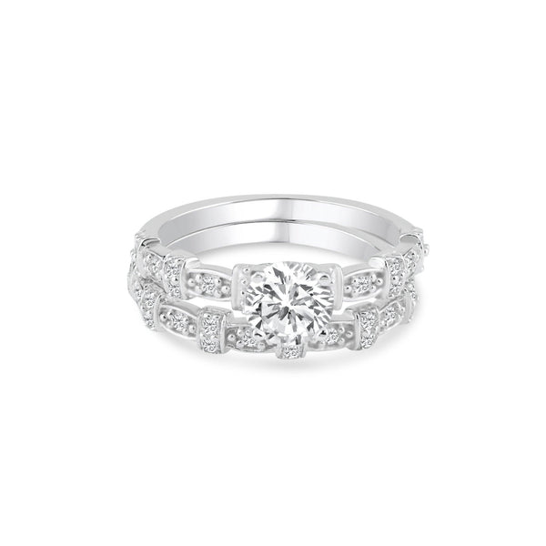 Silver 925 Rhodium Plated Clear Micro Pave Set and Round Center CZ Delicate Estate Ring Set