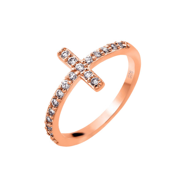 Silver 925 Rose Gold Plated Clear CZ Cross Ring