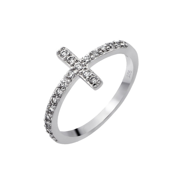 Silver 925 Rhodium Plated Clear CZ Cross Ring