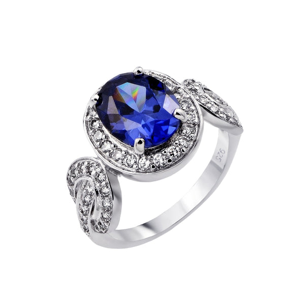 Silver 925 Rhodium Plated Blue Center and Clear Inlay CZ Bridal Ring