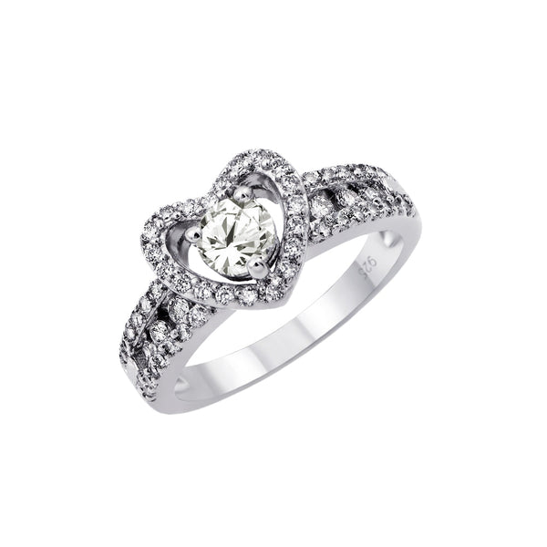 Silver 925 Rhodium Plated Clear Round Center CZ Heart Ring