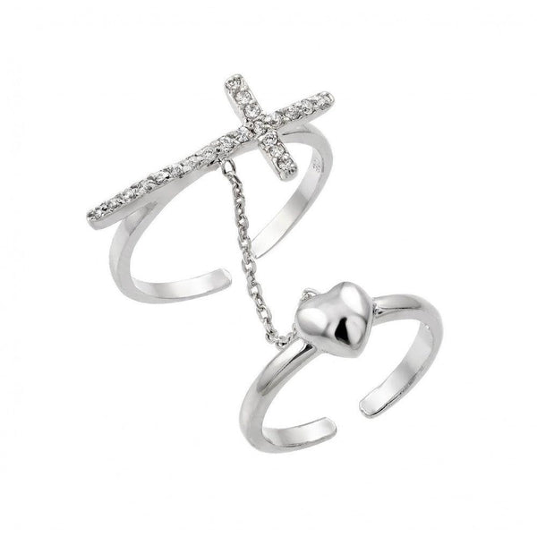 Silver 925 Rhodium Plated Clear CZ Cross Heart Knuckle Slave Ring