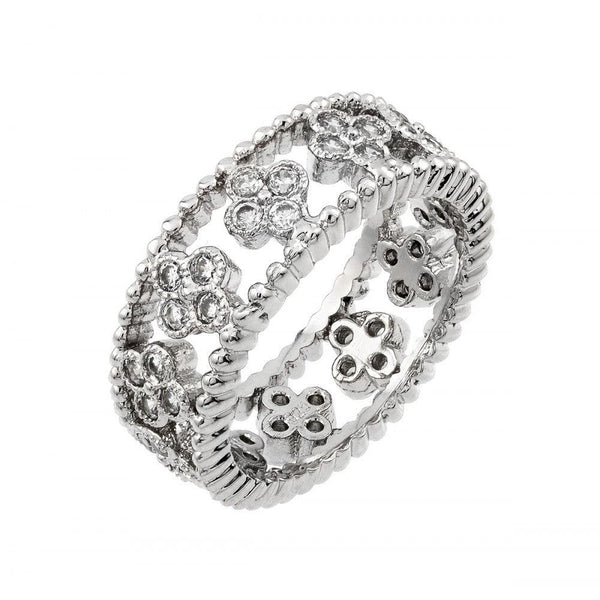 Silver 925 Rhodium Plated Eternity Rope 4 CZ Cluster Ring