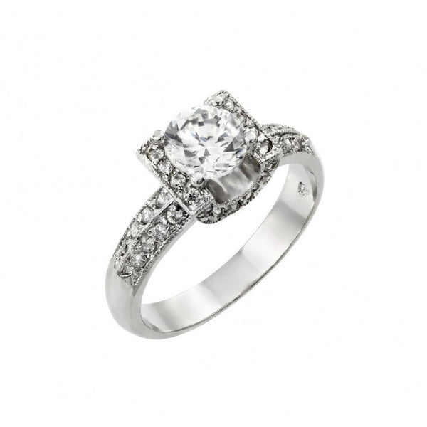 Silver 925 Rhodium Plated Clear Round Center and Pave Set CZ Square Ring