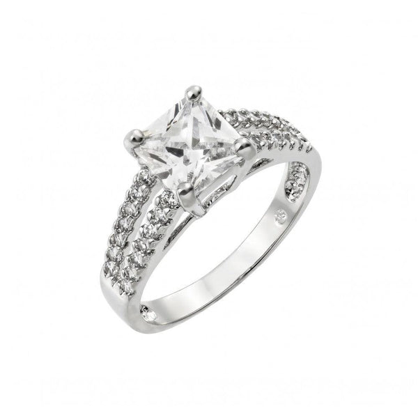 Silver 925 Rhodium Plated Clear Princess Cut and Inlay CZ Ring