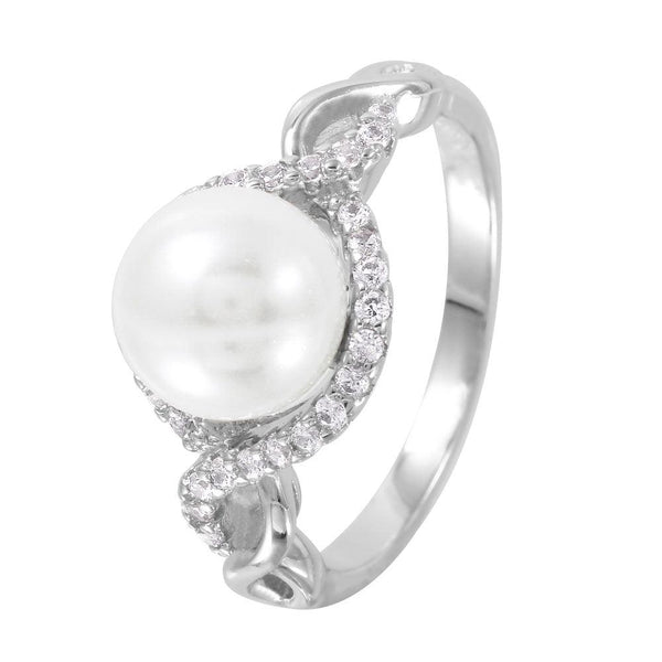 Silver 925 Rhodium Plated CZ Accented Faux Pearl Ring