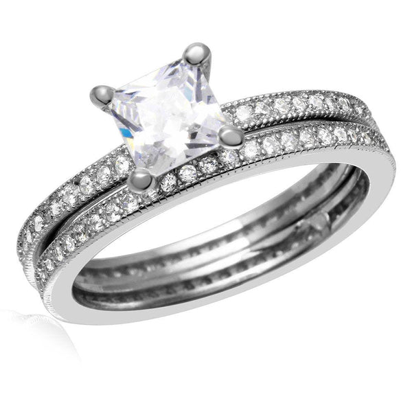 Silver 925 Rhodium Plated Center Square CZ Bridal Wedding Ring Set