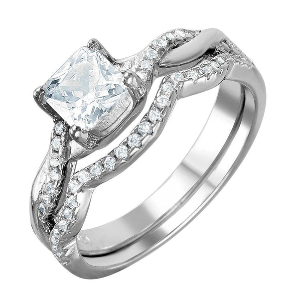 Silver 925 Rhodium Plated Rope Designed Band Bridal Ring with CZ Stones