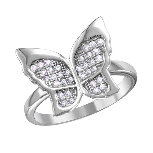 Silver 925 Rhodium Plated Butterfly Ring with Micro Pave CZ Stones