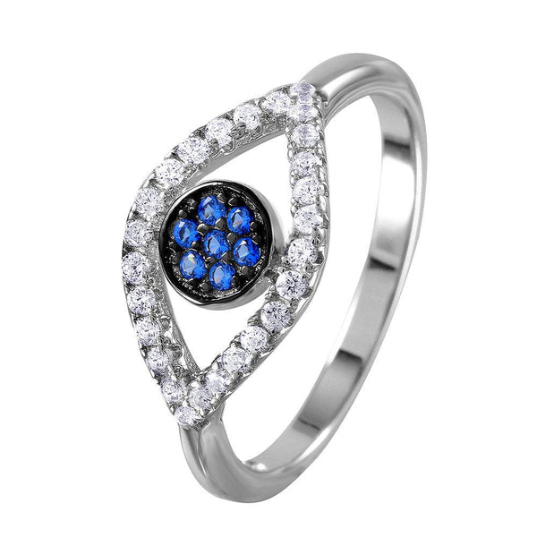 Silver 925 Rhodium Plated Open Evil Eye Ring with Blue Center Stones