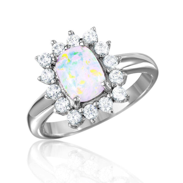 Silver 925 Rhodium Plated Rectangle Halo Ring with Synthetic Opal Center