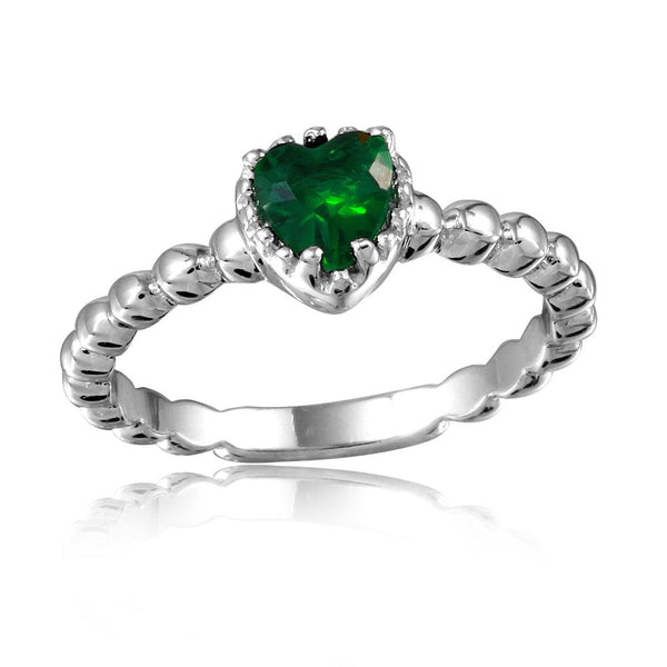 Silver 925 Rhodium Plated Beaded Band Green Heart Center Stone Ring