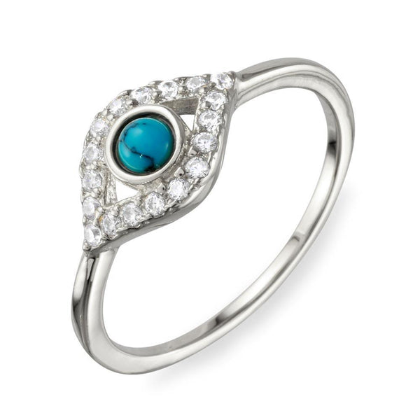 Rhodium Plated 925 Sterling Silver Evil Eye CZ Ring with Turquoise Bead