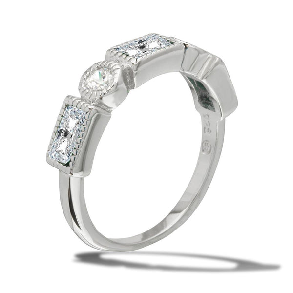 Rhodium Plated 925 Sterling Silver Alternating Clear Rectangle and Clear Round CZ Ring