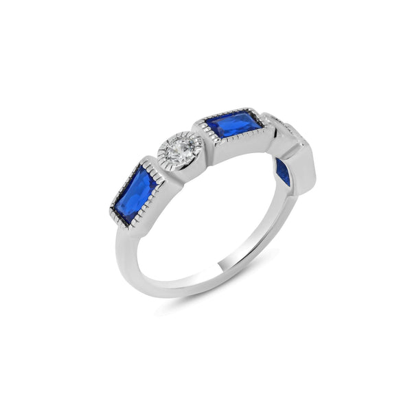 Rhodium Plated 925 Sterling Silver Alternating Blue Rectangle and Clear Round CZ Ring