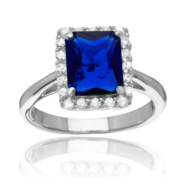 Rhodium Plated 925 Sterling Silver Square Blue CZ Halo Ring