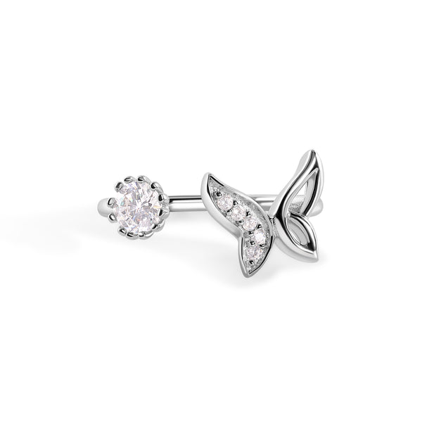 Rhodium Plated 925 Sterling Silver Butterfly and Flower Clear CZ 1.3mm Open Ended Ring
