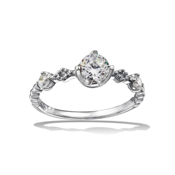 Rhodium Plated 925 Sterling Silver Beaded Shank CZ Ring