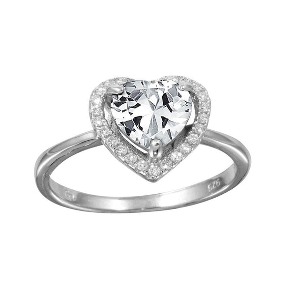 Rhodium Plated 925 Sterling Silver Clear Halo Heart Ring