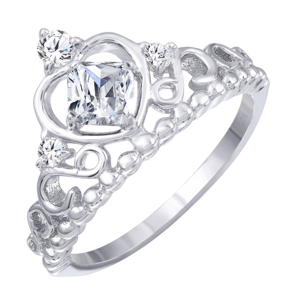Rhodium Plated 925 Sterling Silver Crown Ring with Clear CZ