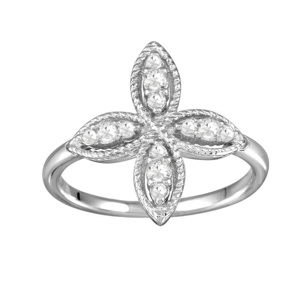 Rhodium Plated 925 Sterling Silver Four Petal Ring with CZ